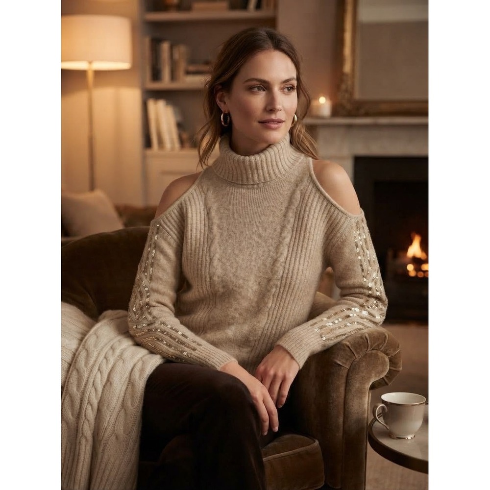 Worthington Womens Cold Shoulder Turtleneck Sweater Sequin Cable Knit Beige L